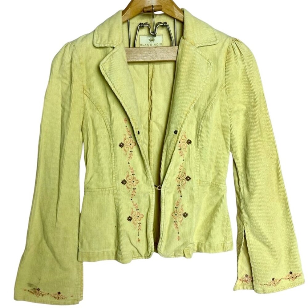 Vintage Blanc Noir Kharma Yellow Corduroy Jacket Floral Embroidery Small